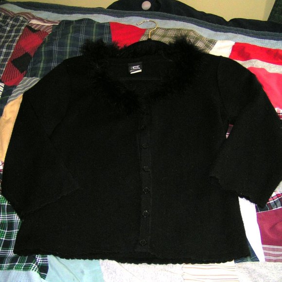 BLACK FEATHERED COLLARED CARDIGAN SM. - Picture 1 of 3